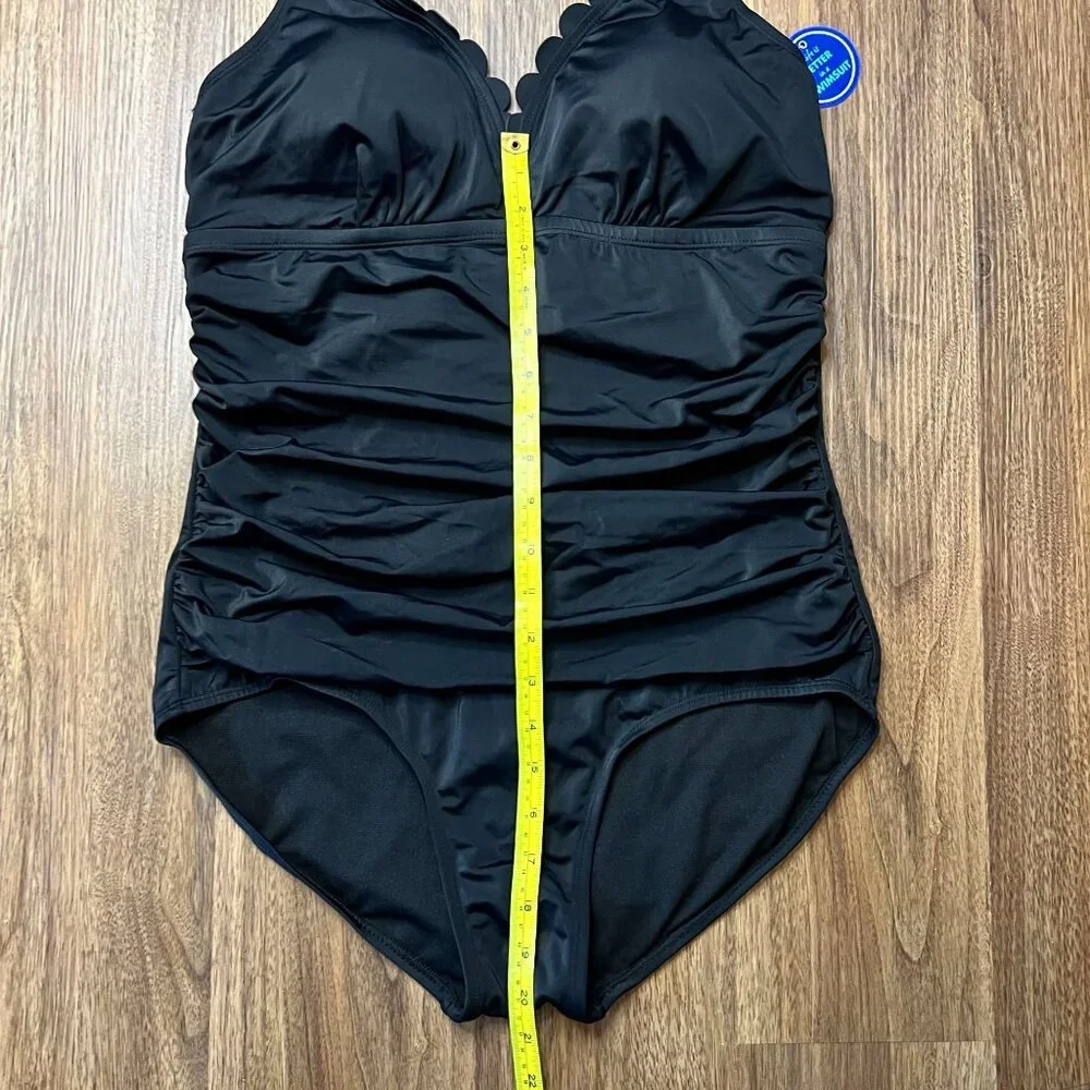 Swimsuits For All NWT One Piece Halter Scallop‎ V Neck Ruching Black Womens 14